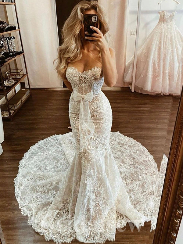 Tulle Off Shoulder Long Sleeves Lace Wedding Dresses, PW362 | Promnova